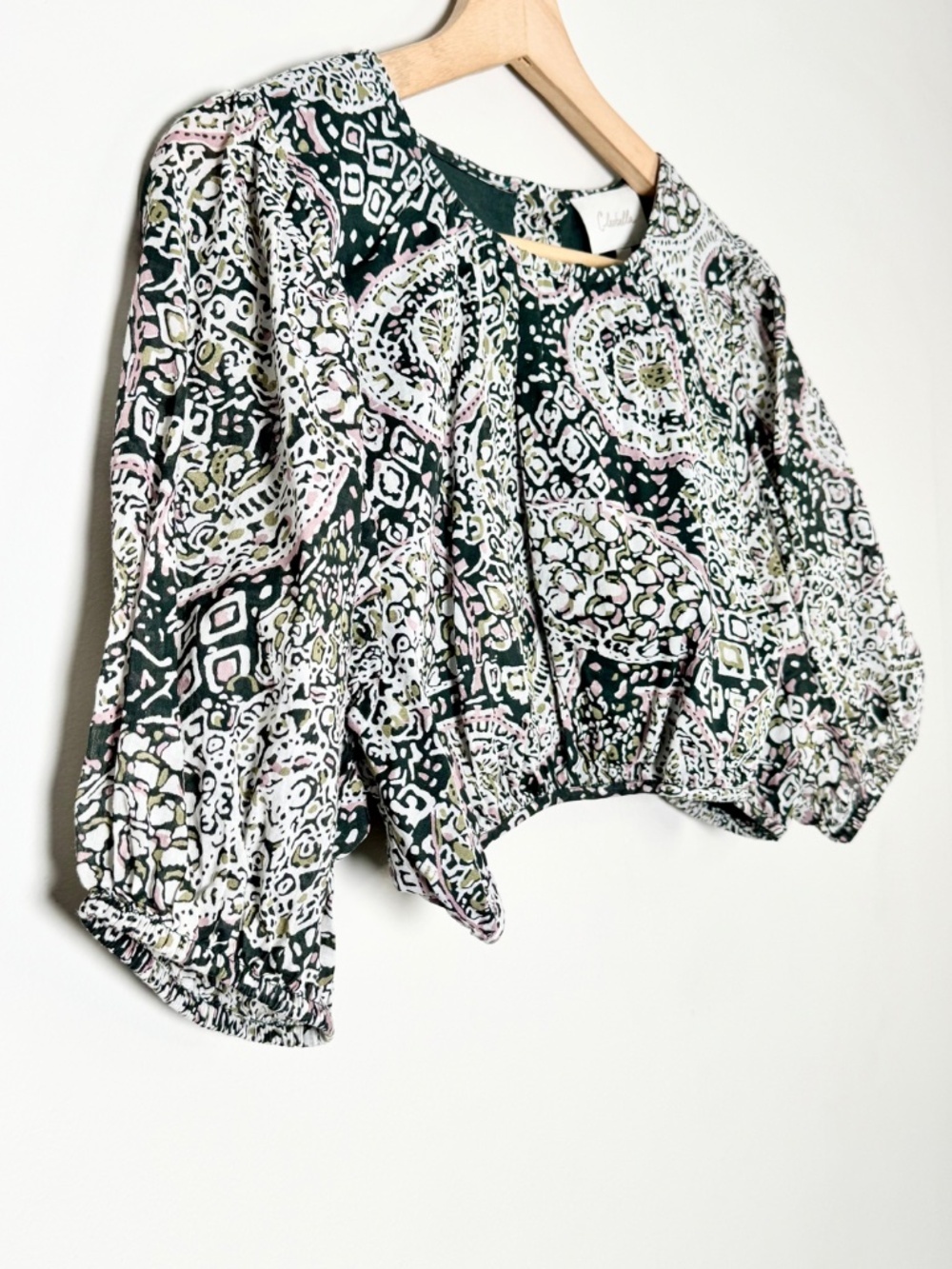 Cleobella Organic Cotton Paisley Crop Top Puff Sleeve Green Pink Sz M